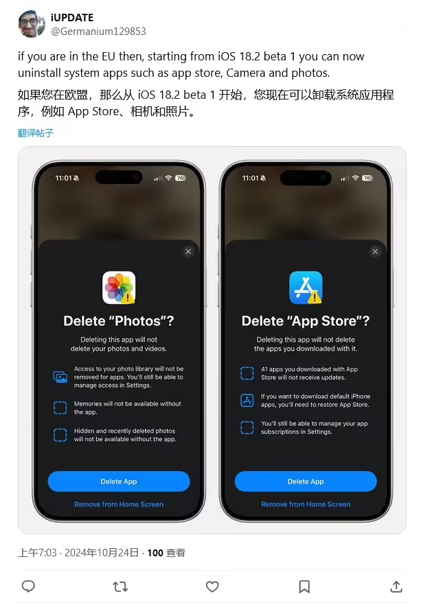 哈巴河苹果手机维修分享iOS 18.2 支持删除 App Store 应用商店 